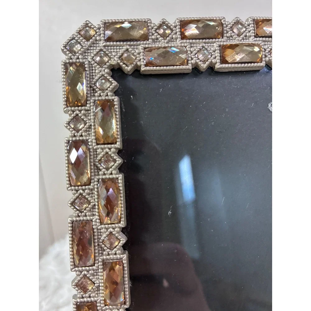 5x7 Crystal Embellished Picture Frame Amber Toned Tabletop Wall Mount Metal